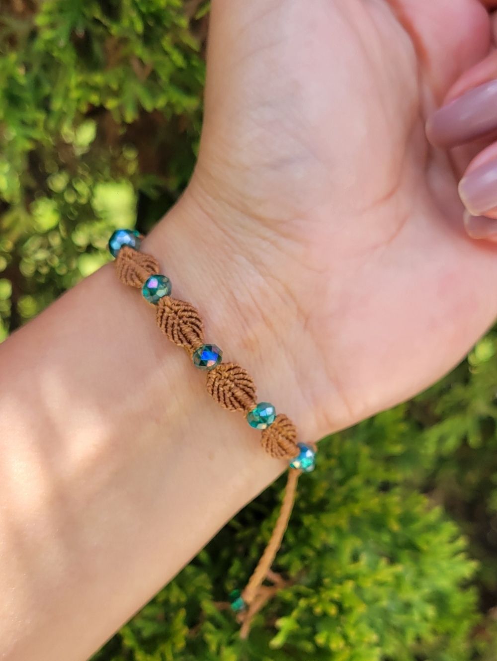 Handmade Brown Macrame Bracelet with Blue-Green Beads